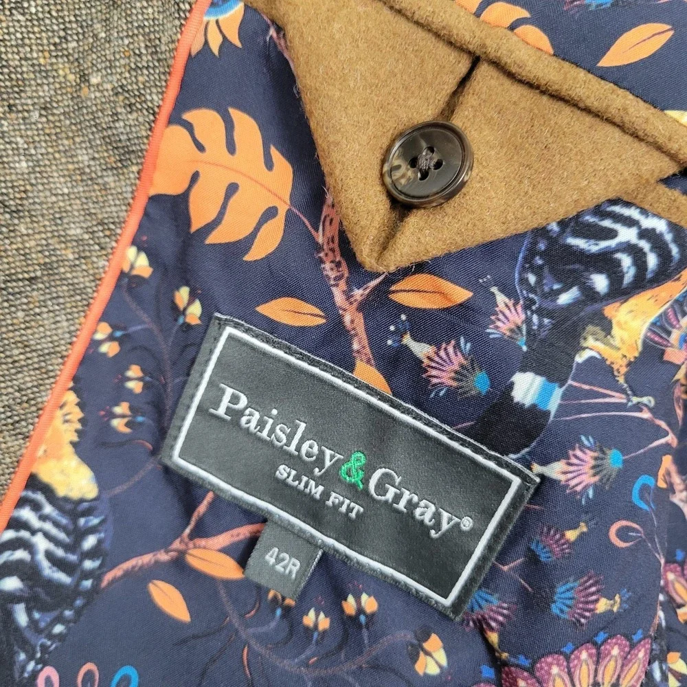 Paisley & Gray Blazer Brown Two Button Slim‎ Fit 42R Floral Bird Print Lining